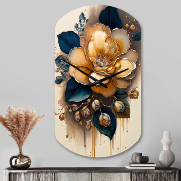 Yellow And Dark Blue Camellia Flower I - Asymmetric Metal Wall Clock